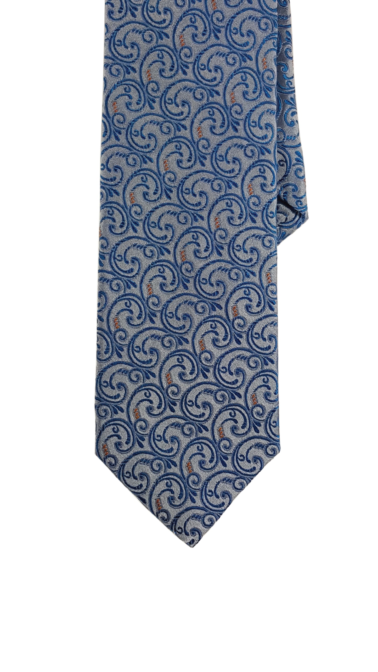 A Modern silk tie with blue and blue swirl pattern.