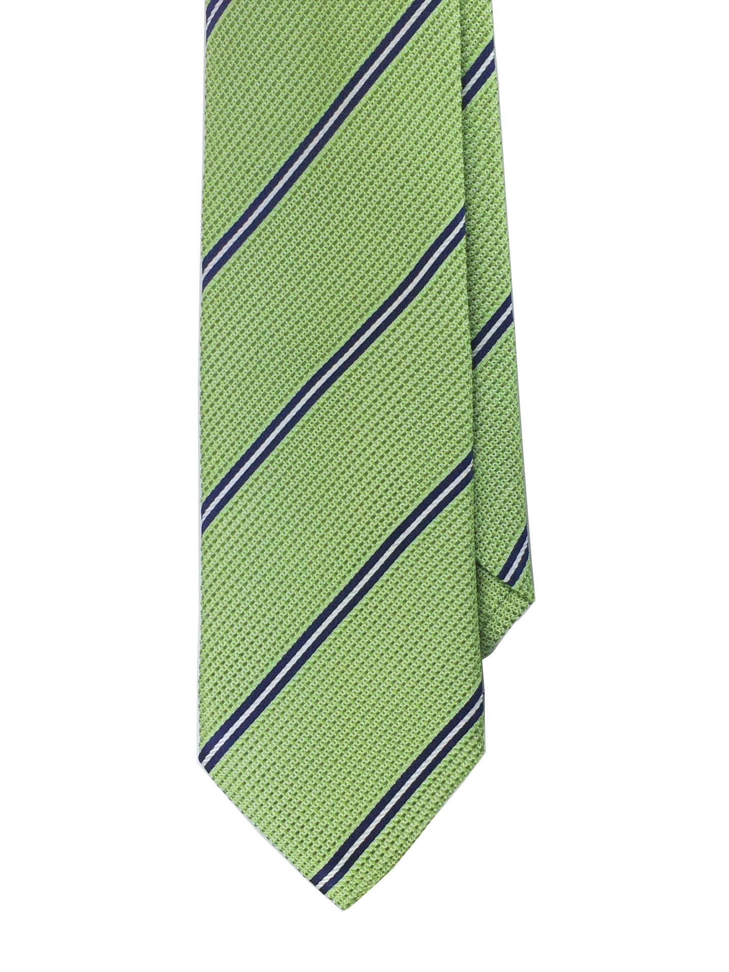 A green silk tie with blue and white stripes.