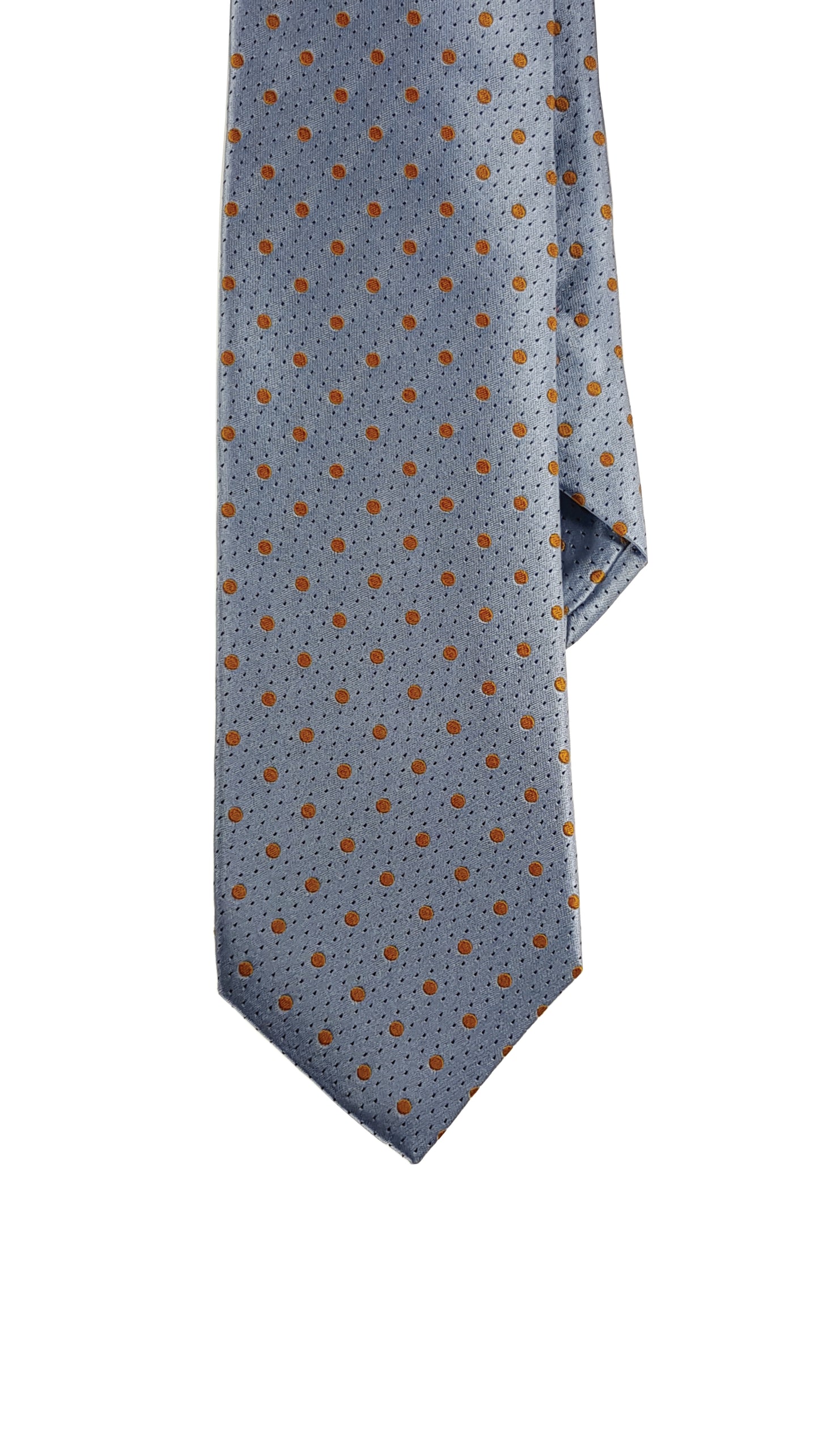 A light blue and orange dotted modern silk tie.