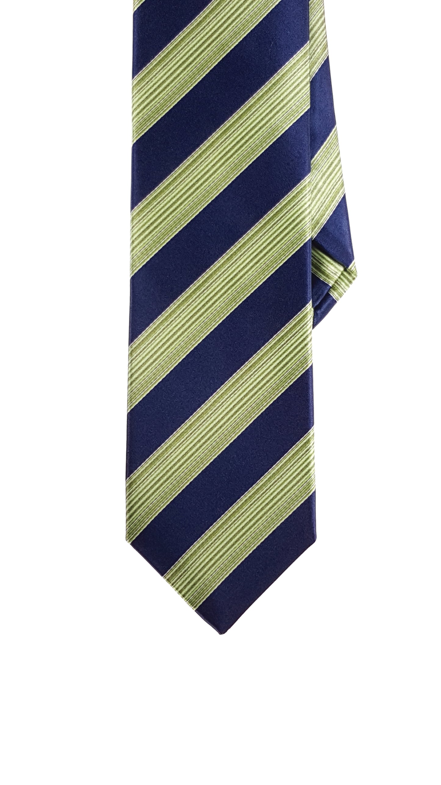 A modern silk tie with green and navy blue stripes
