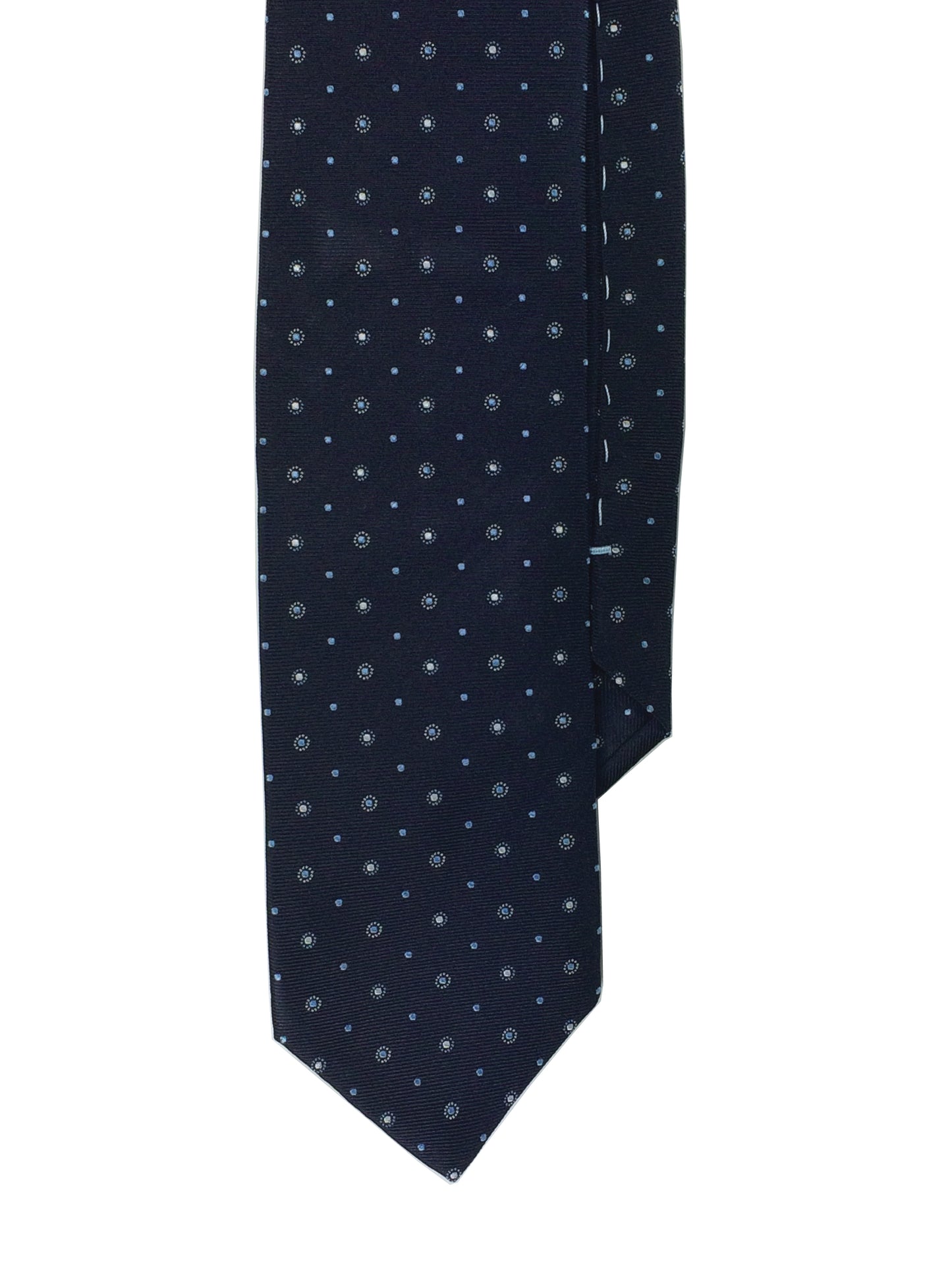 A navy blue silk tie with a white dot pattern