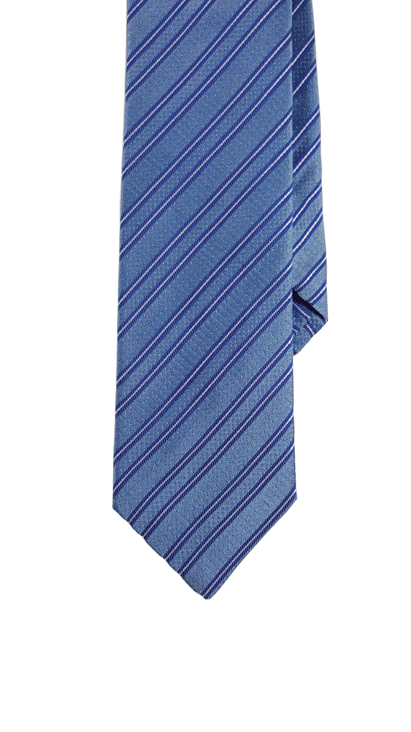 Blue modern silk necktie with a visible stripe pattern