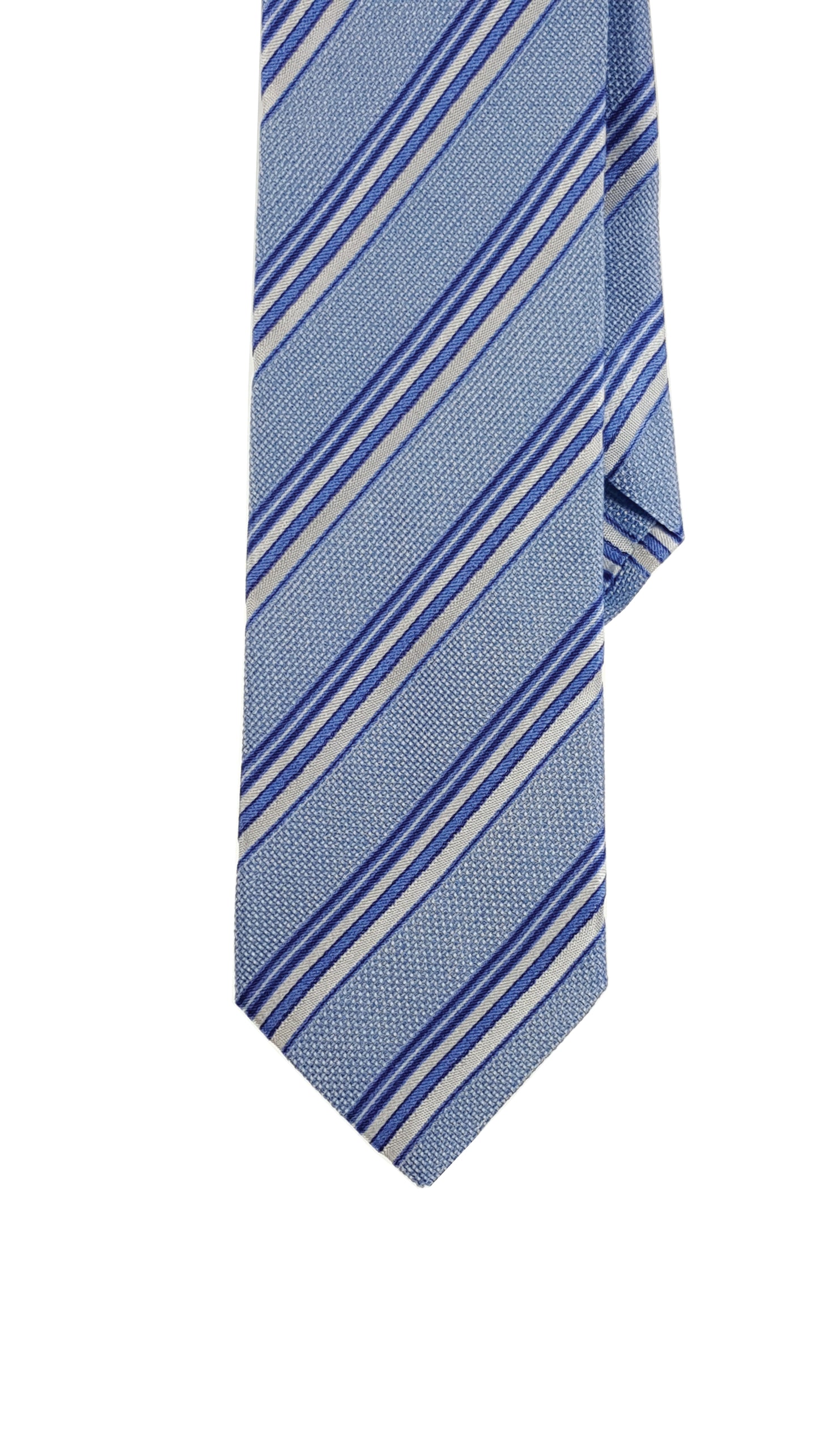 Blue modern silk tie with blue and white stripes.
