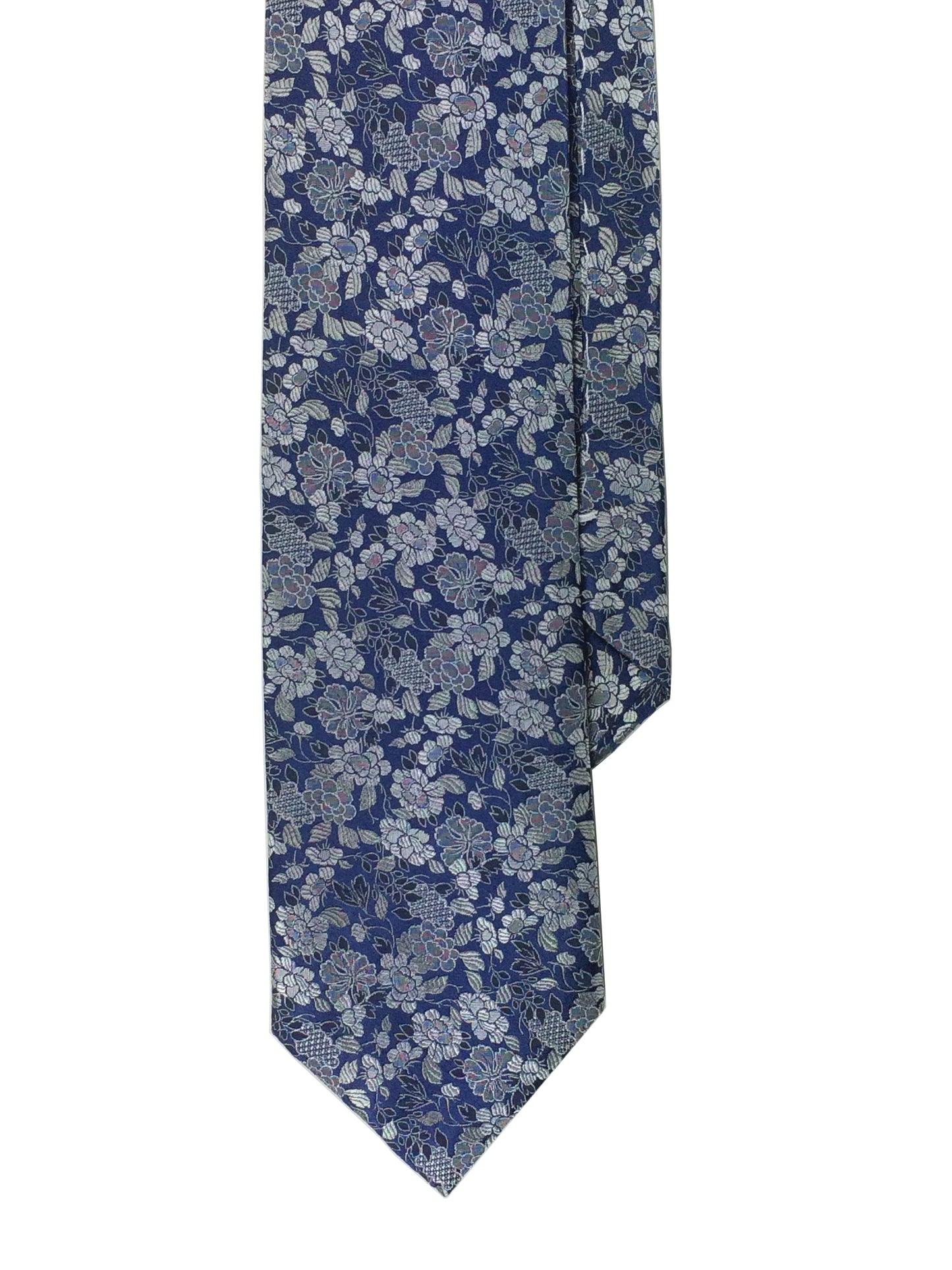 Purple woven silk tie with a navy floral pattern