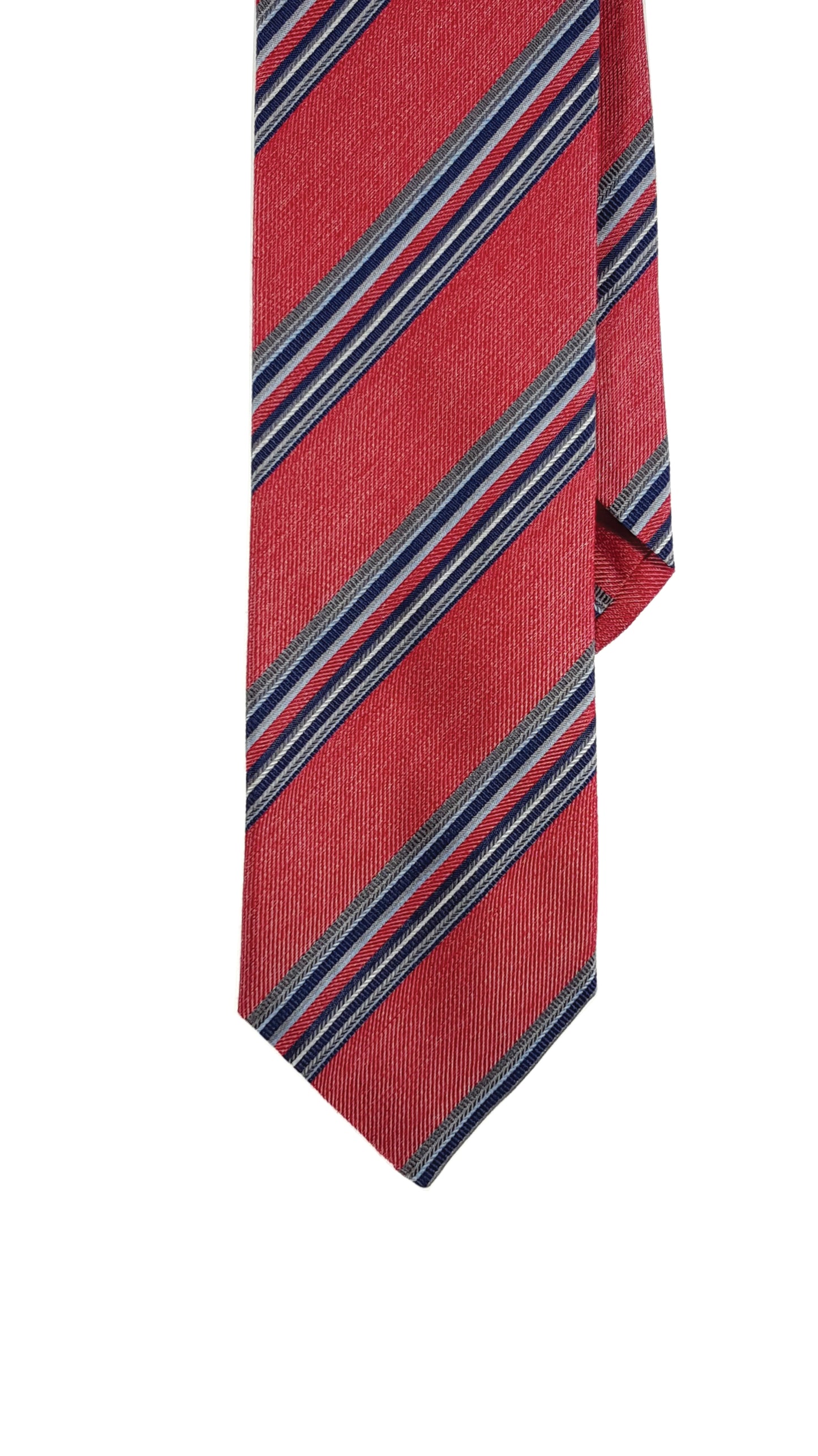 Red modern silk tie with blue stripes.