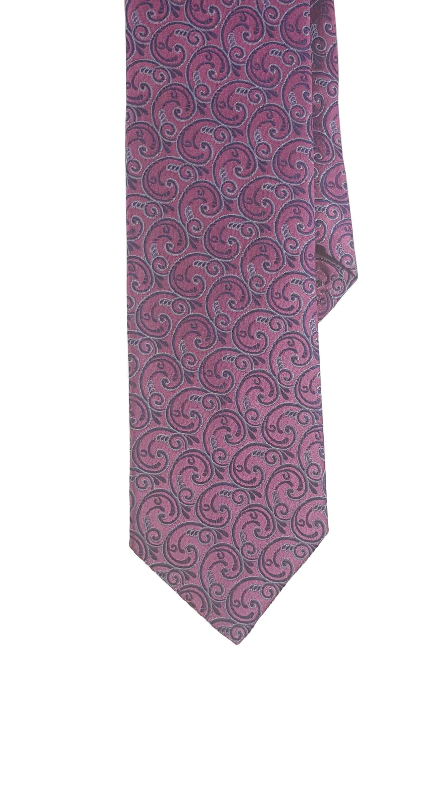 A silk tie with a pink and blue swirl pattern.