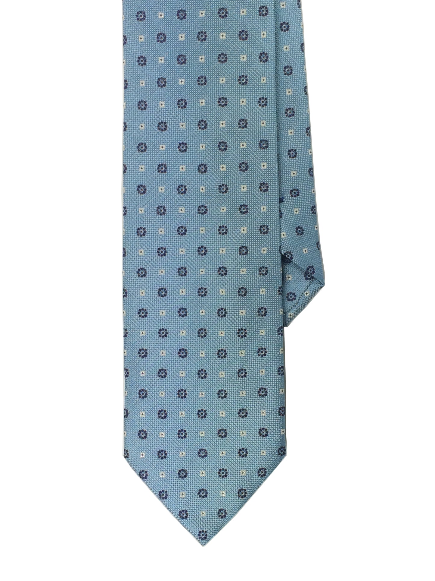 Sky blue woven silk tie with a dotted navy blue pattern