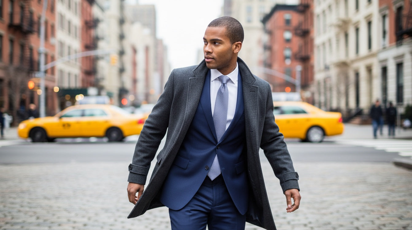 Man in a suit walking on a city street with yellow taxis in the background