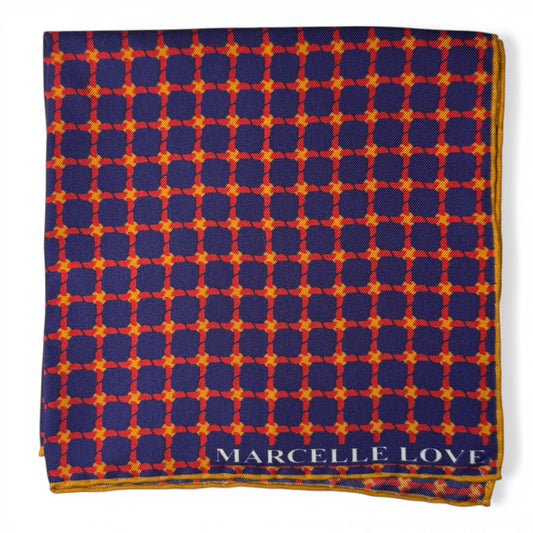 HANDROLLED POCKET SQUARE SPINNING FAN PATTERN - BLUE / RED / ORANGE