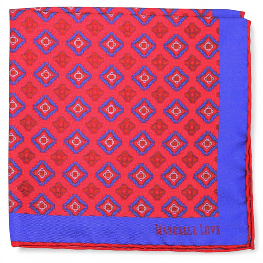Red and blue patterned fabric with 'Marcelle Love' branding
