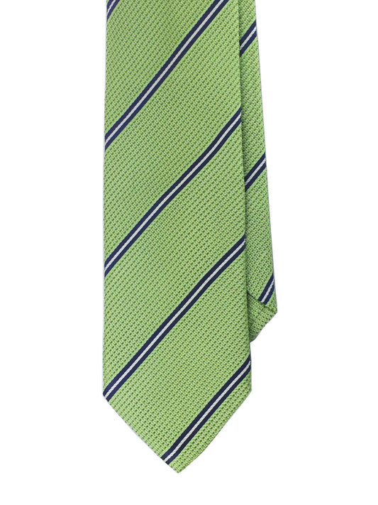 A green silk tie with blue and white stripes.