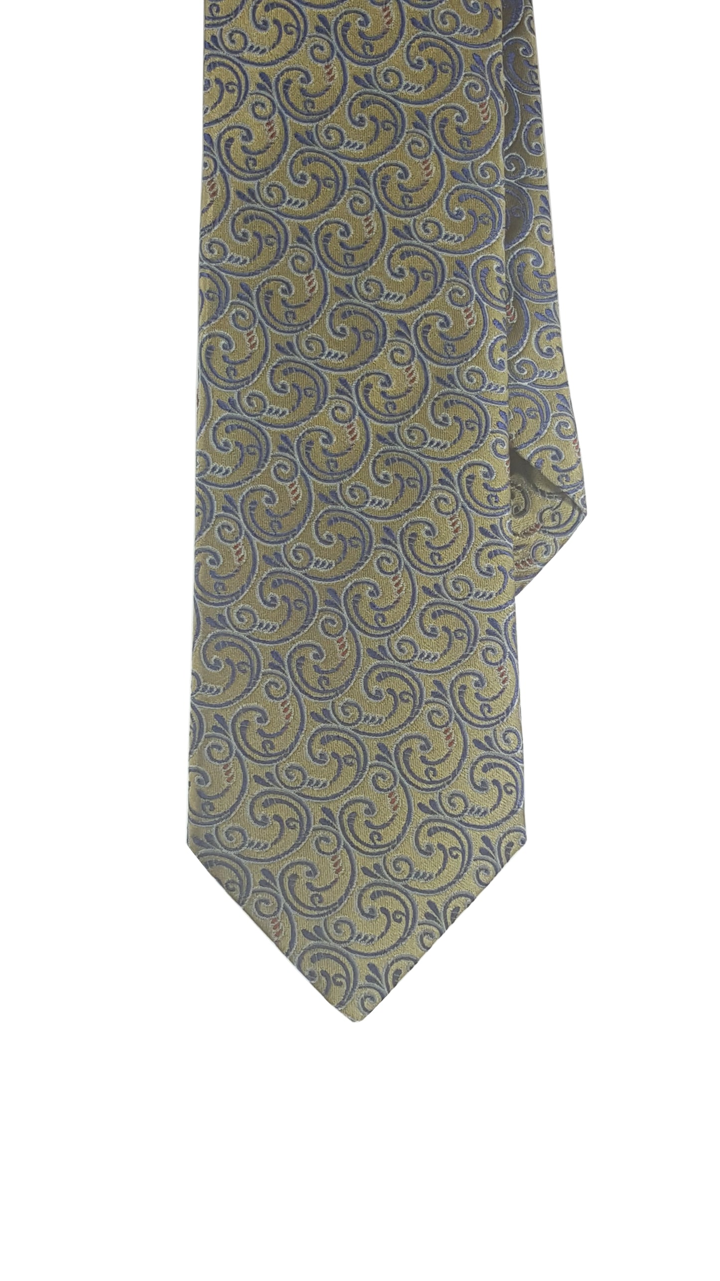 A modern silk tie with a green and blue swirl pattern.