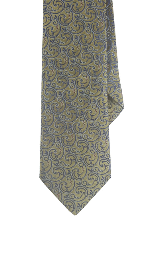 A modern silk tie with a green and blue swirl pattern.