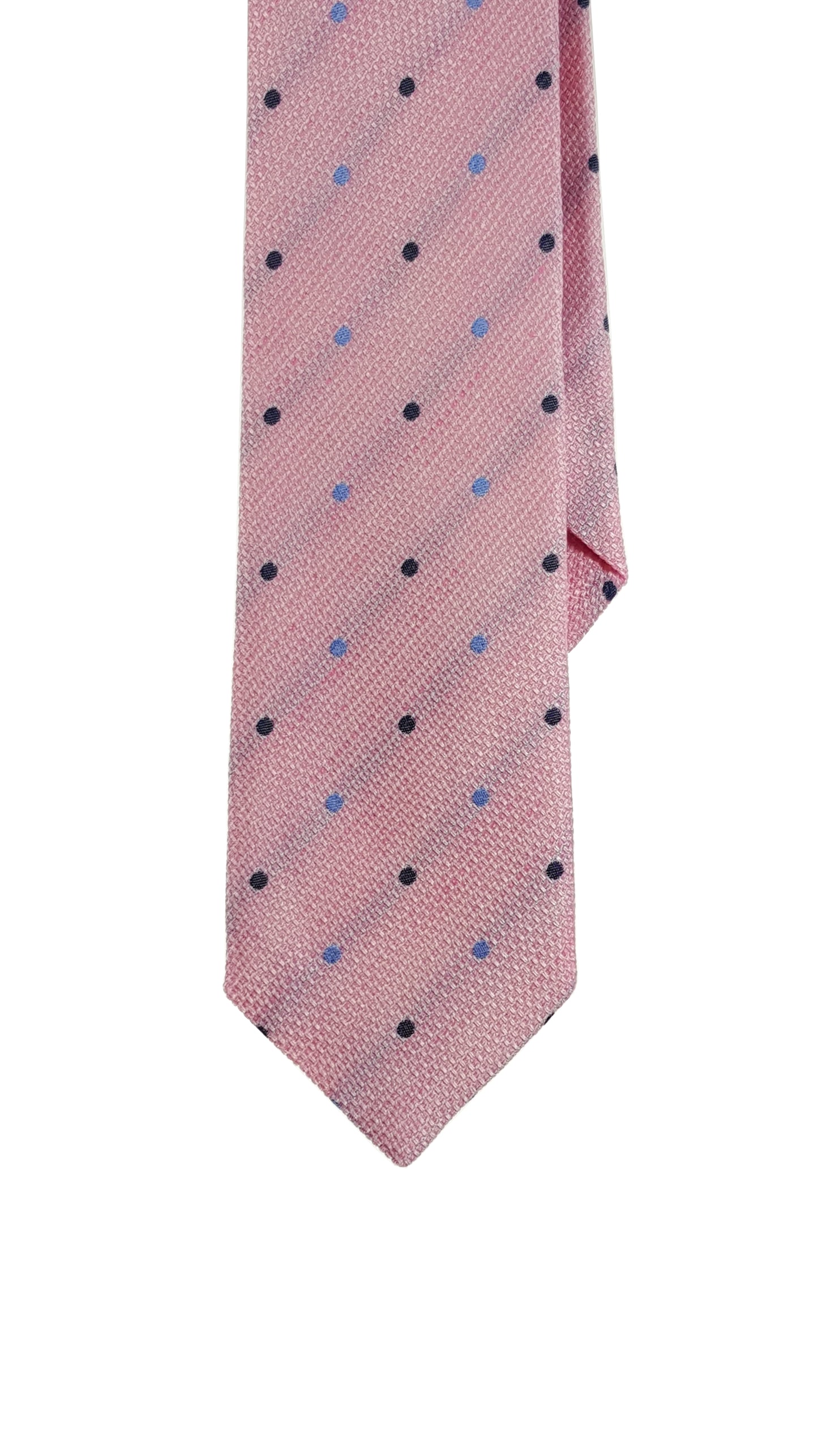 A pink silk modern tie with a dotted pattern