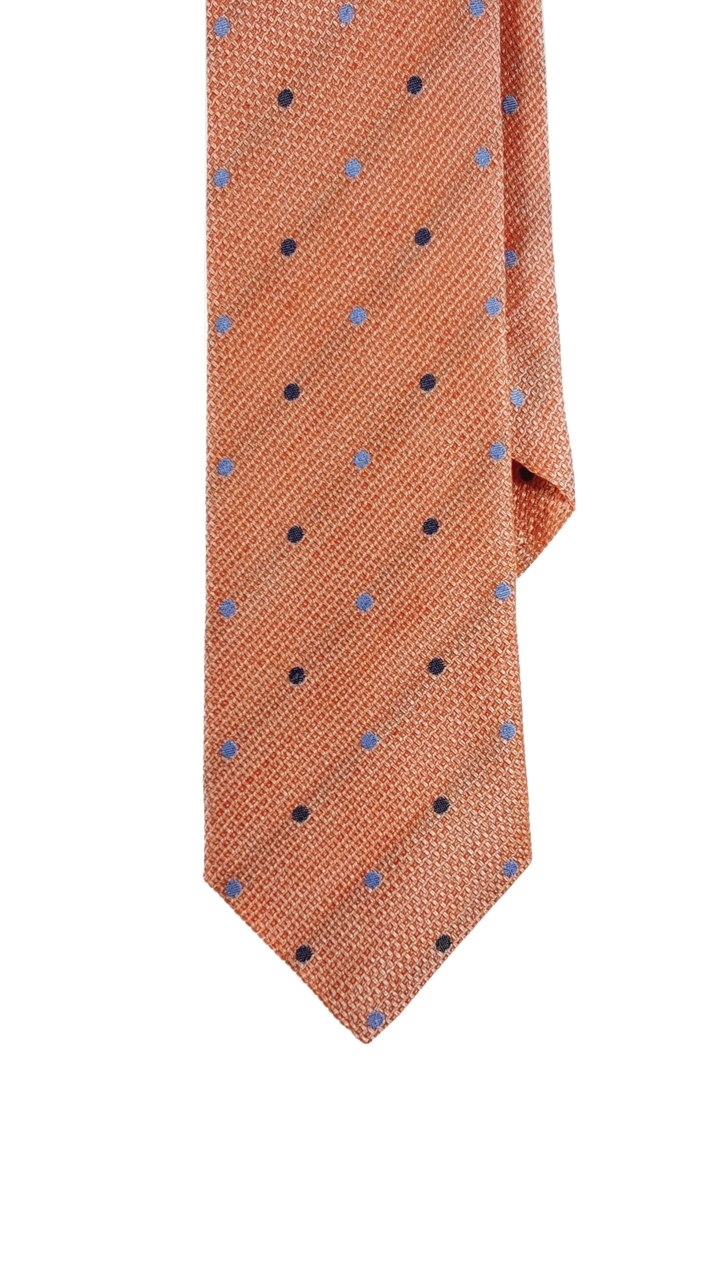A tangerine silk modern tie with a dotted pattern