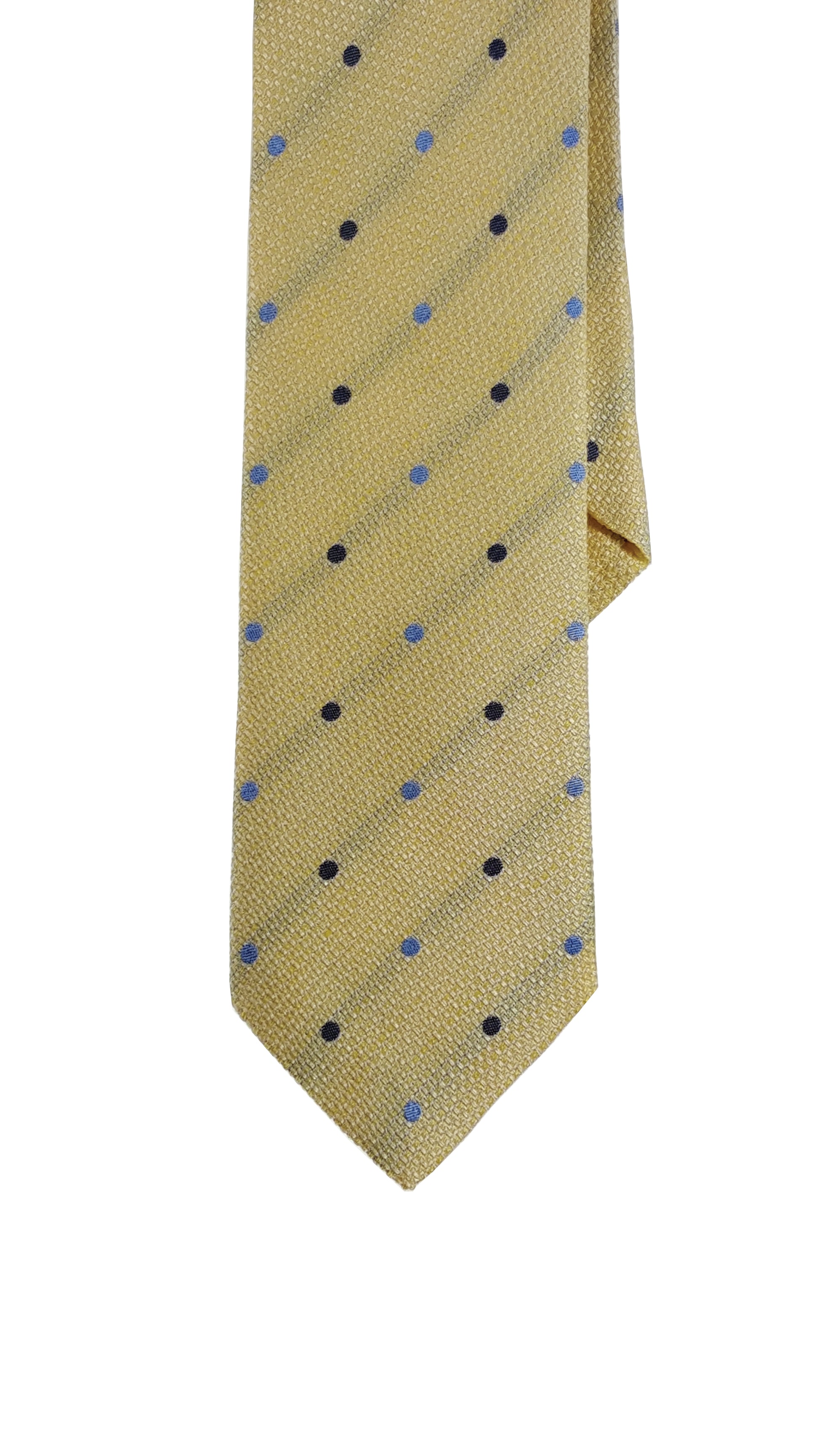 A yellow silk modern tie with a dotted pattern