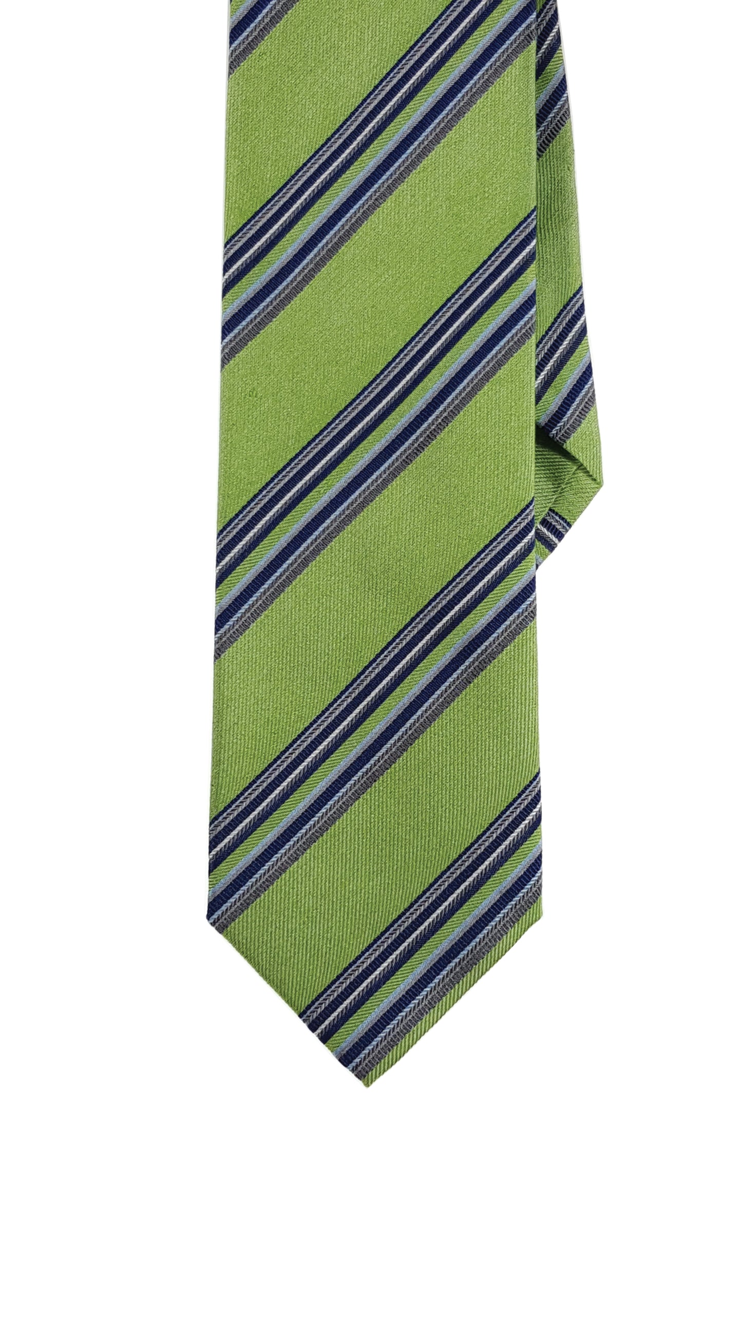 Green modern silk tie with blue stripes.