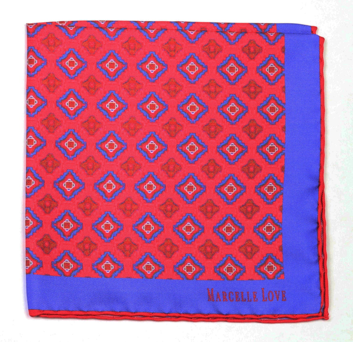 Blue and red  pocket square with floral, oval and diamond pattern and the brand name 'MARCELLE LOVE' printed at the lower right corner.&nbsp;