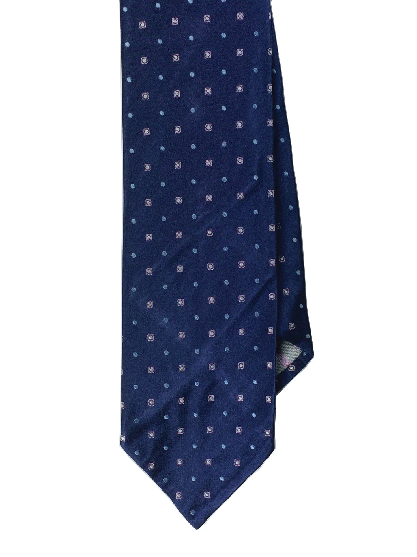 Navy blue with light blue tiny square and dot pattern 7-fold necktie.