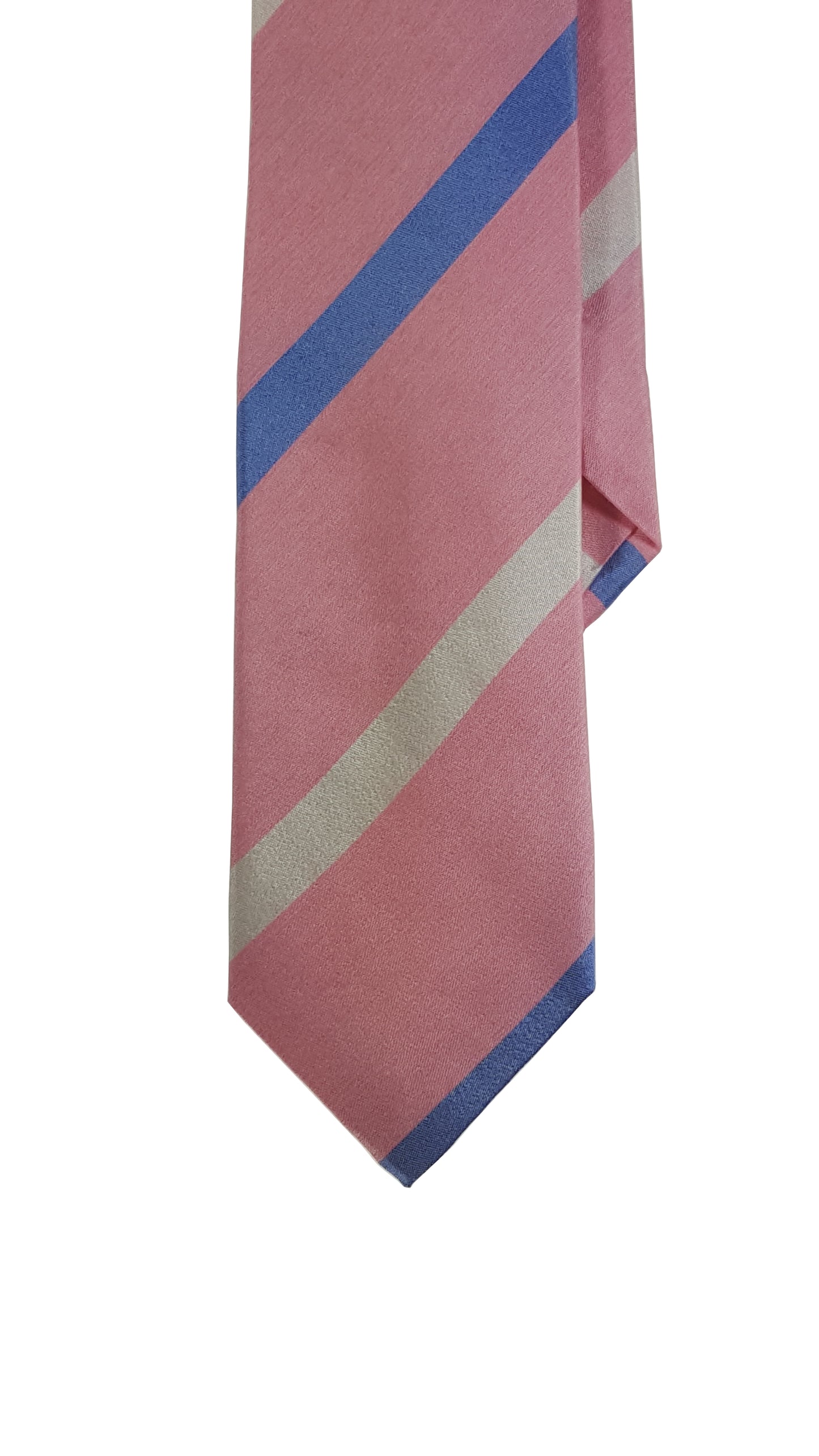 Pink modern silk tie with blue and white stripes.