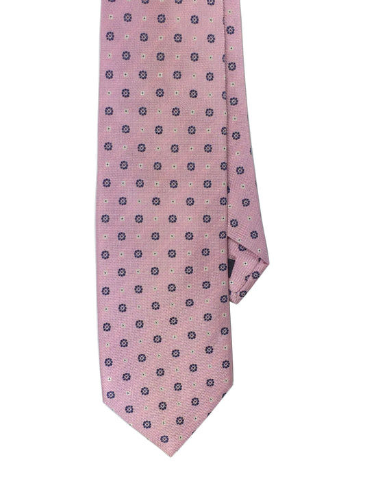 Pink woven silk tie with a navy dotted  pattern 