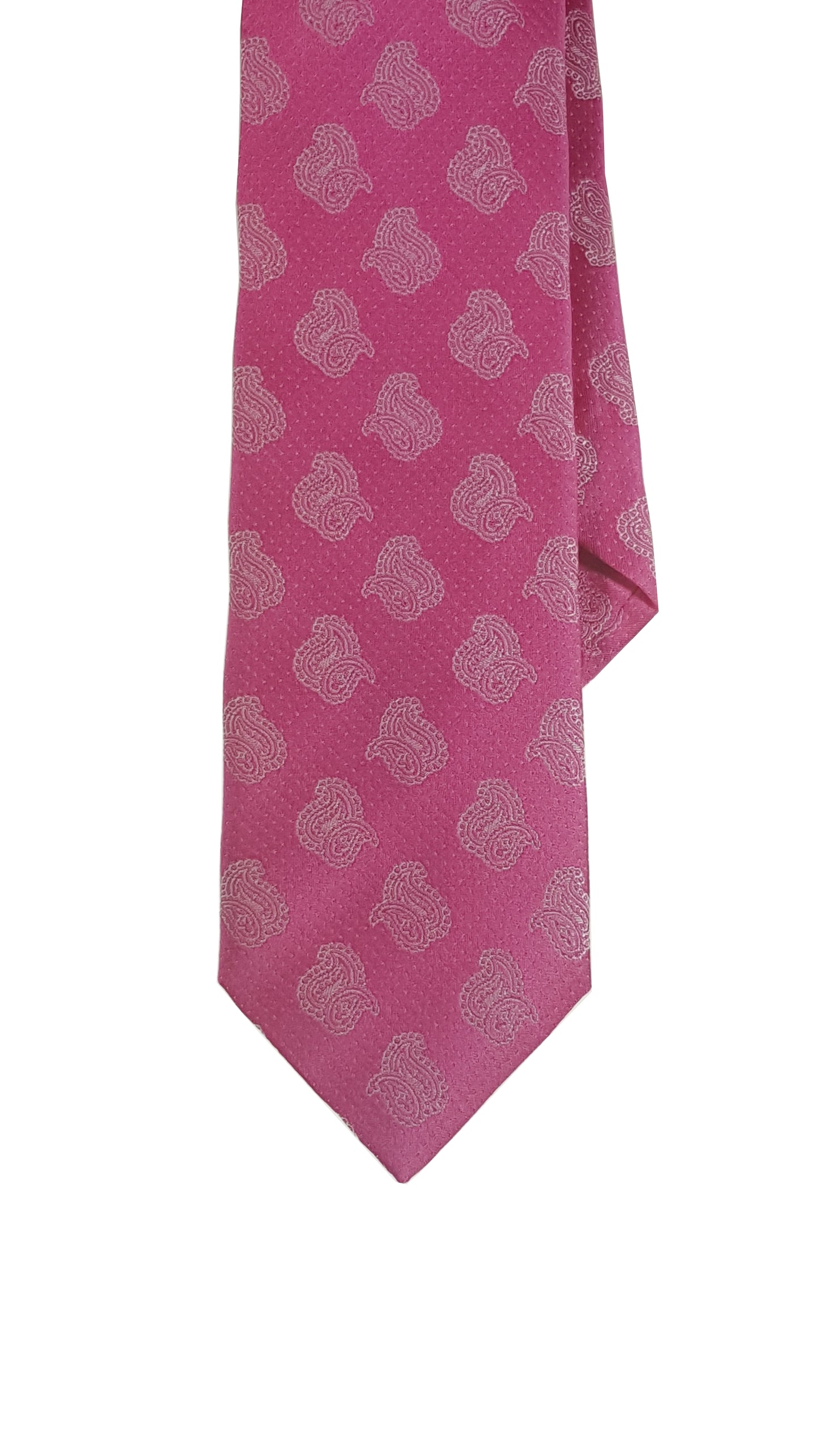 Silk pink tie with swirl paisley pattern.