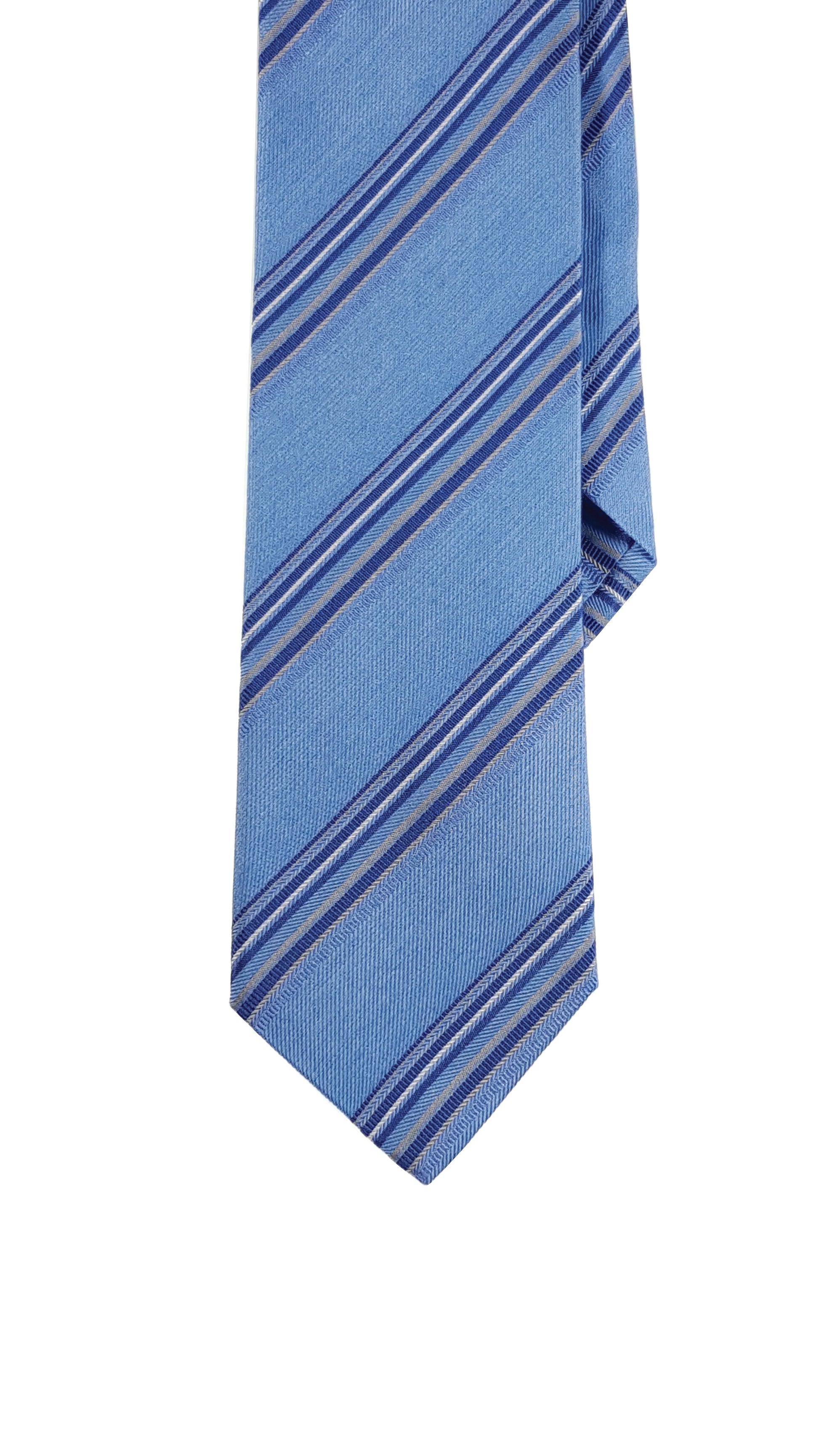 Sky blue modern silk tie multi-blue and white stripes.