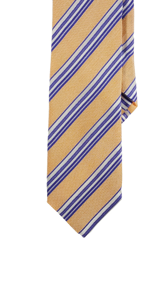 Yellow modern woven silk tie with blue and white stripes.