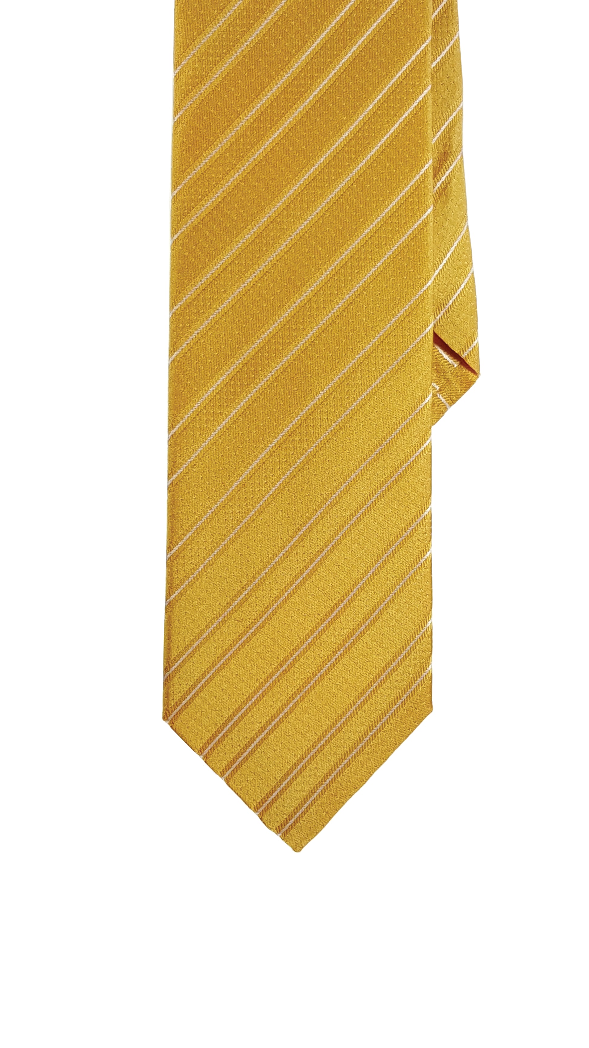 Yellow silk necktie with a visible stripe pattern